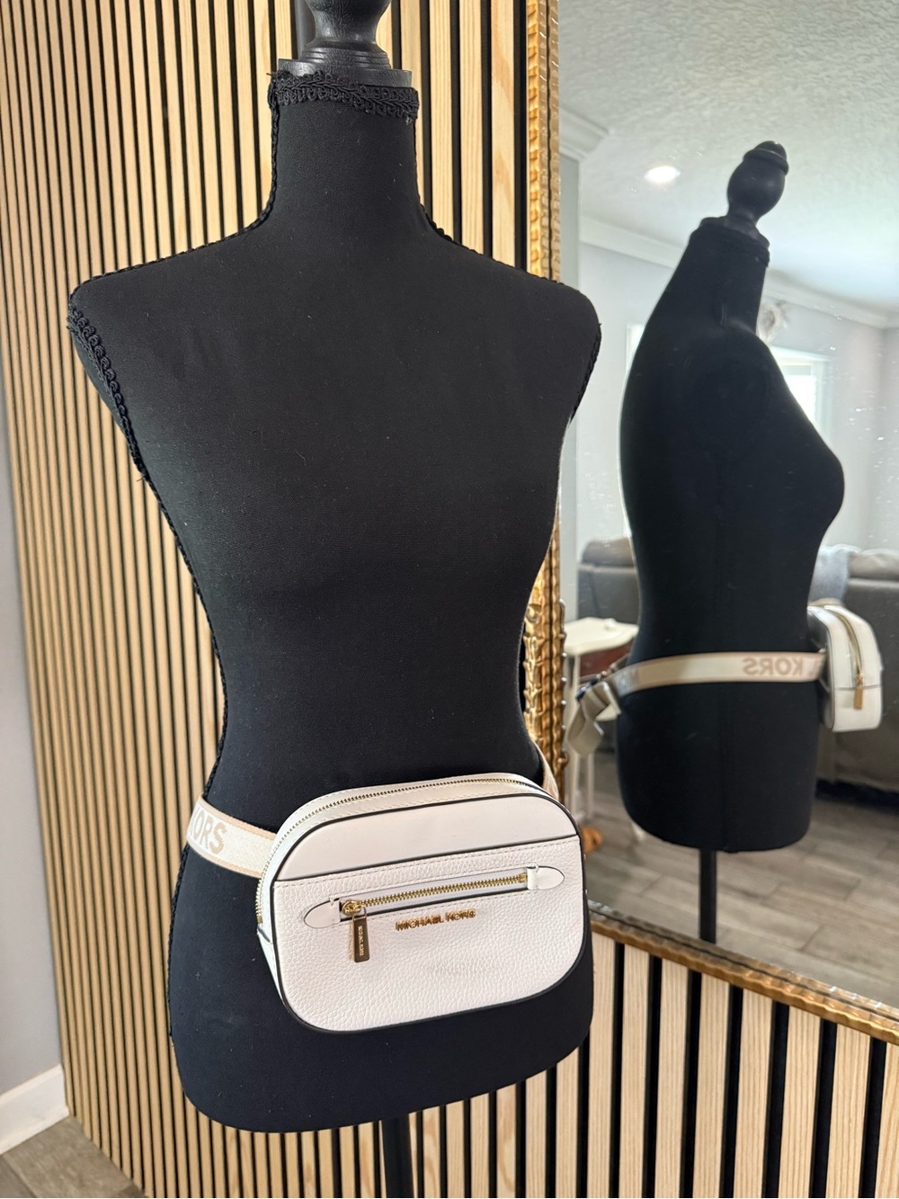 Michael Kors White Pebbled Leather Crossbody Belt Bag with Gold Hardware